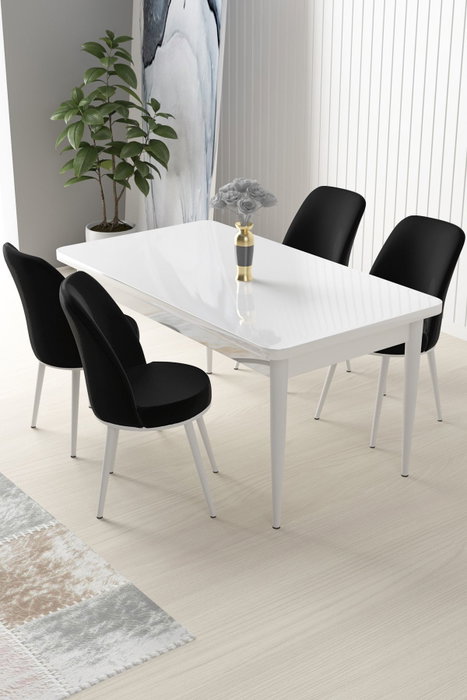 Hanah Home Juego de Mesa y Sillas de Comedor 5 Piezas Blanco y Negro con Patas de Metal, Tablero Melamina